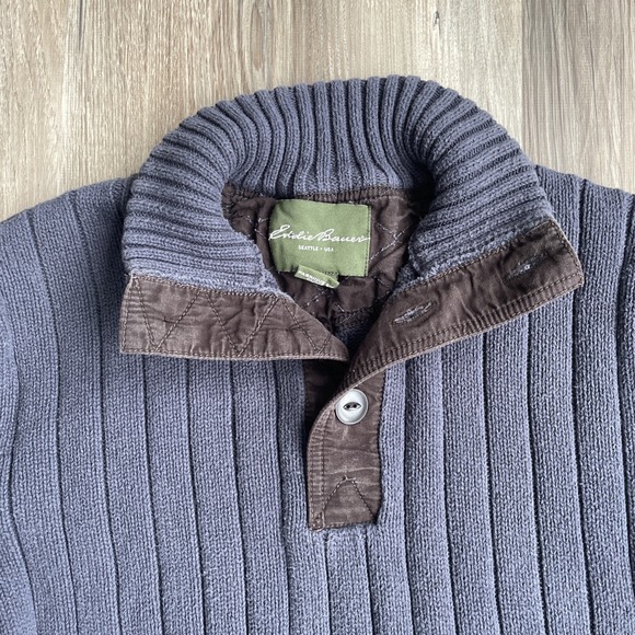 Vintage Eddie Bauer Fatigue Sweater 1/4 Button Ribbed Cotton Gray Blue Men's LT - Picture 4 of 8